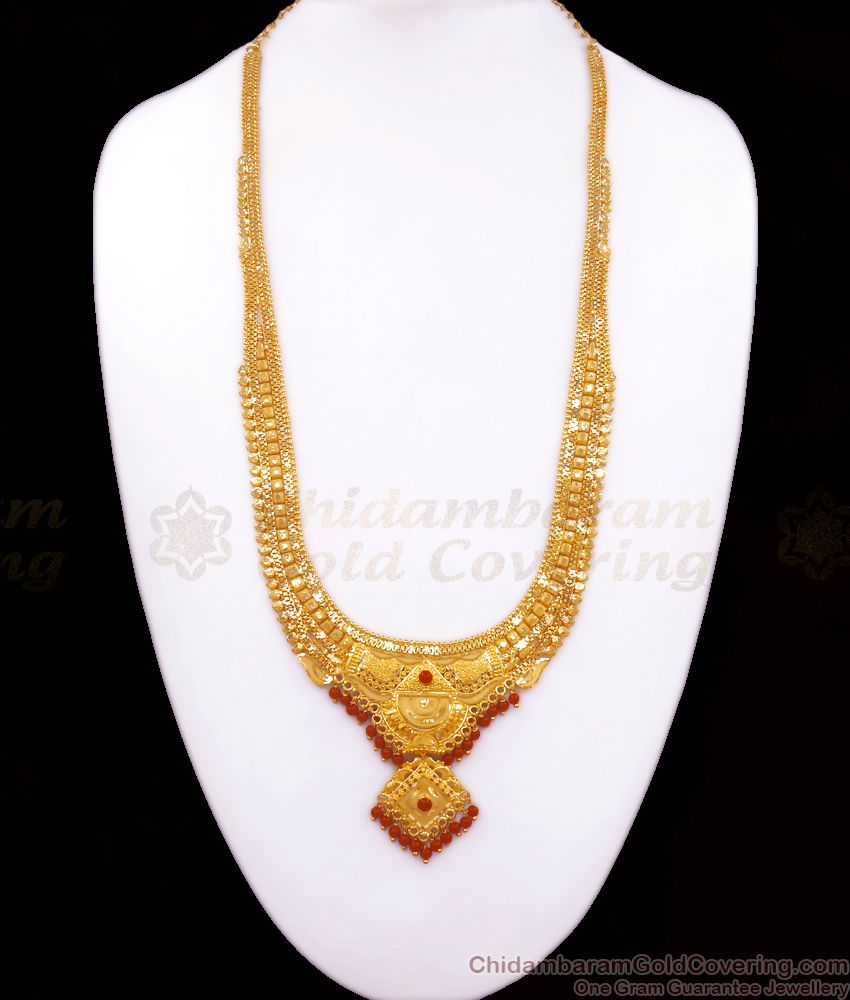 Karnataka Traditional Jewelry 2 Gram Gold Long Haram Red Coral Design HR2573