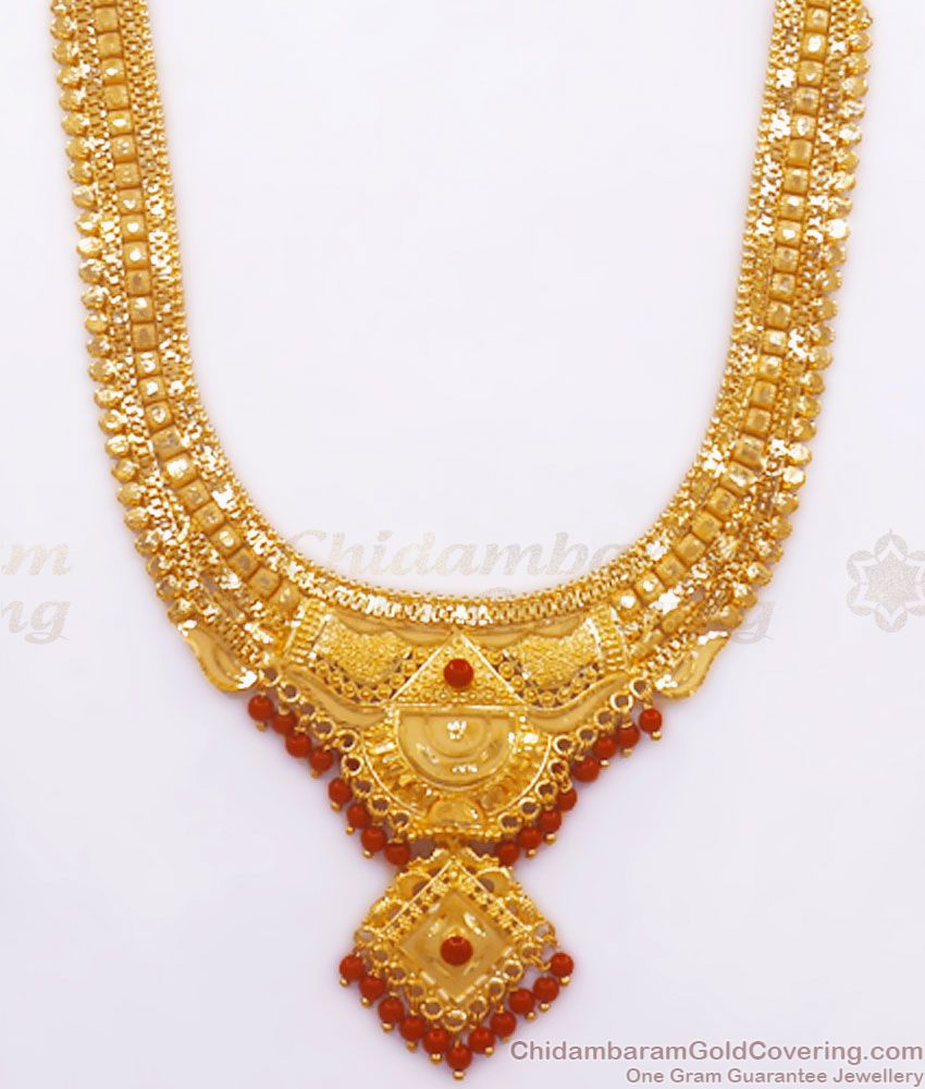 Karnataka Traditional Jewelry 2 Gram Gold Long Haram Red Coral Design HR2573