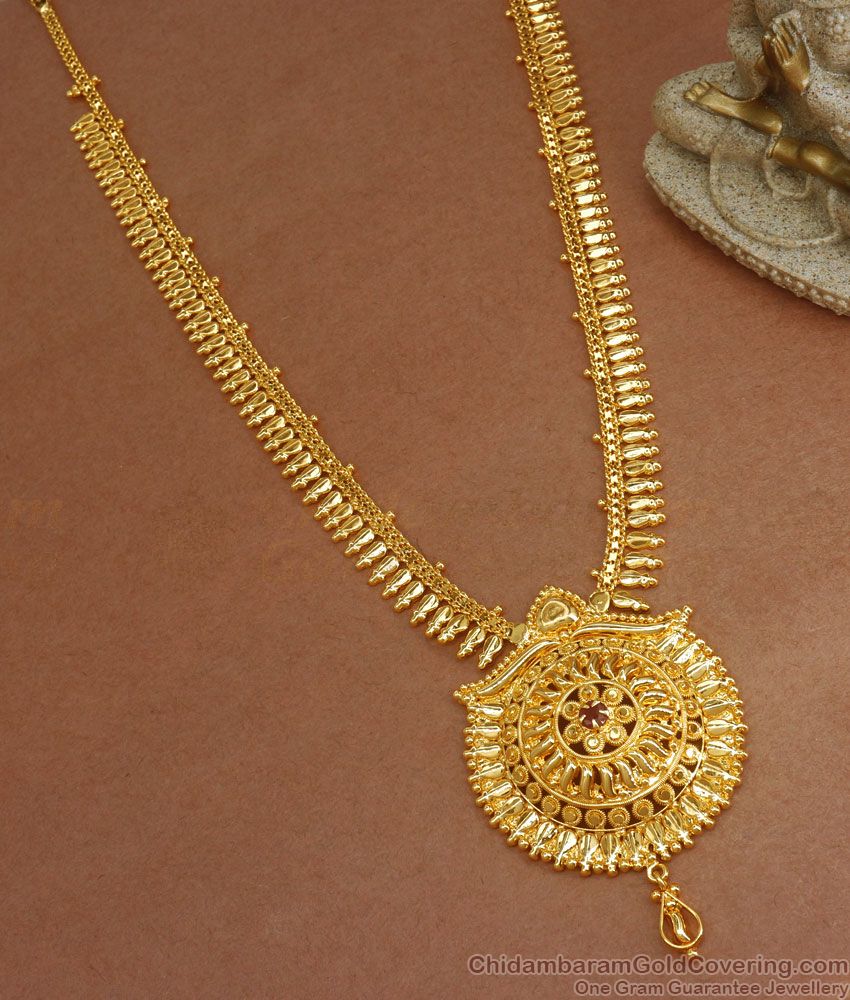 Kerala Pattern Gold Plated Long Haram Collection Ruby Stone HR2575