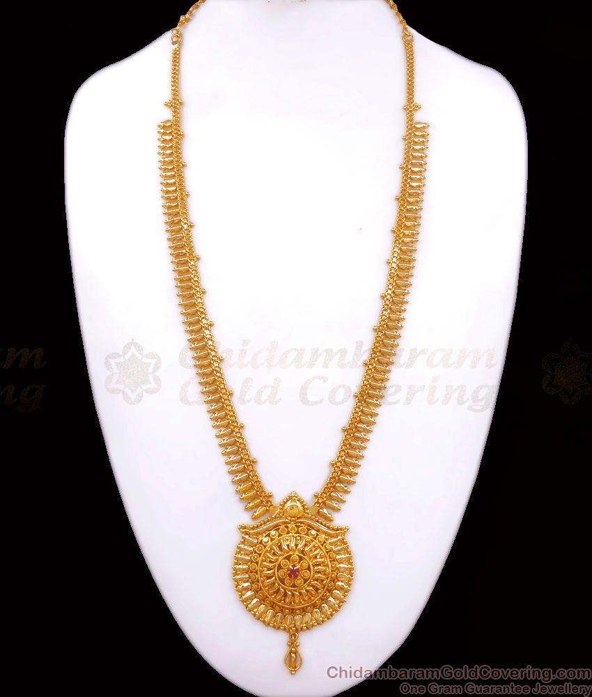 Kerala Pattern Gold Plated Long Haram Collection Ruby Stone HR2575