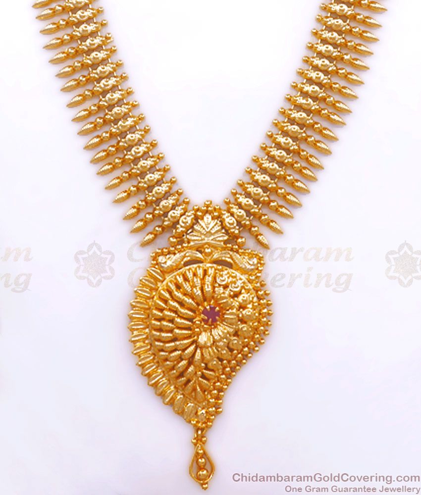 Beautiful Mango Design Gold Plated Haram With Ruby Stone Shop Online HR2577