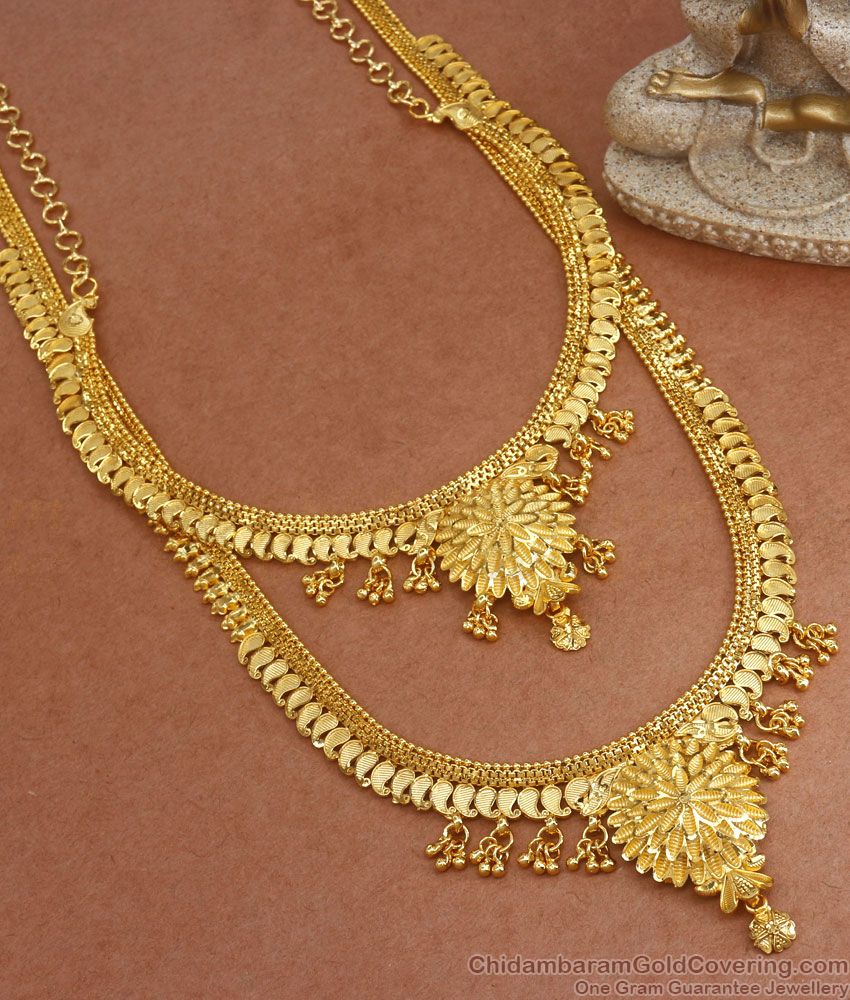 Traditional Mango Pattern Forming Gold Long Haram Necklace Combo Set HR2586