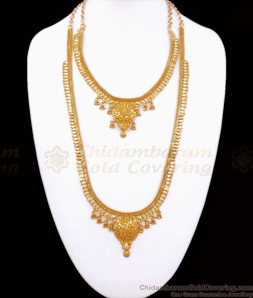 Traditional Mango Pattern Forming Gold Long Haram Necklace Combo Set HR2586