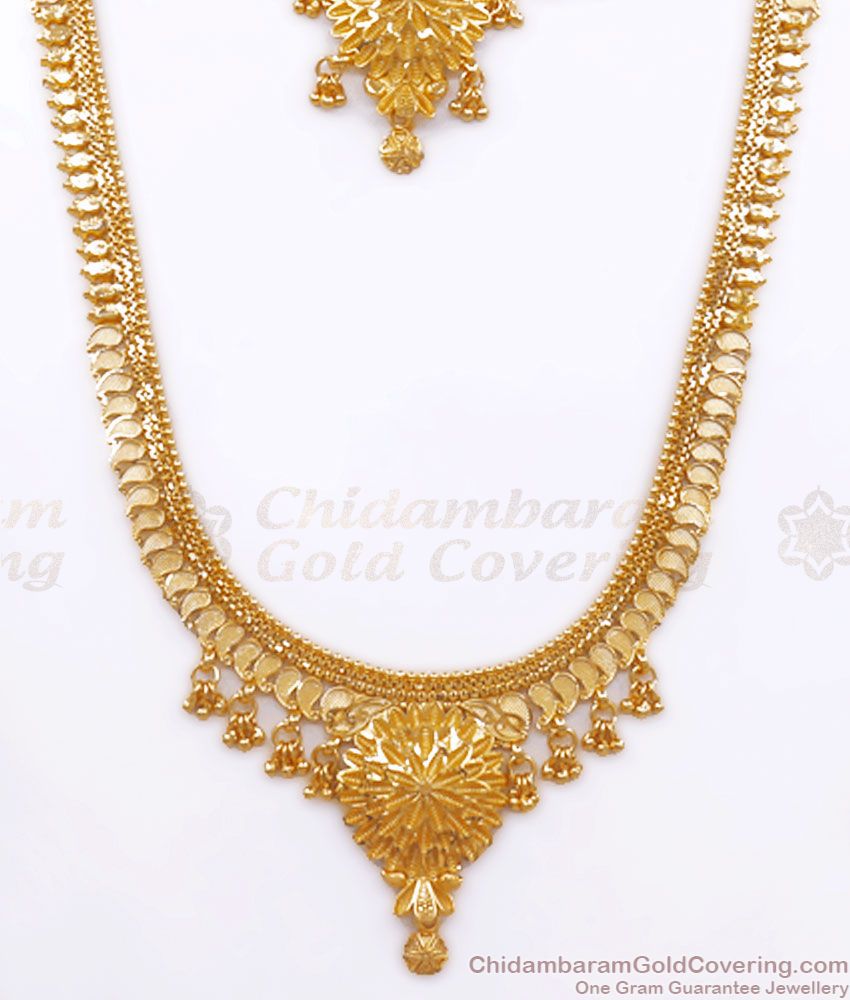 Traditional Mango Pattern Forming Gold Long Haram Necklace Combo Set HR2586