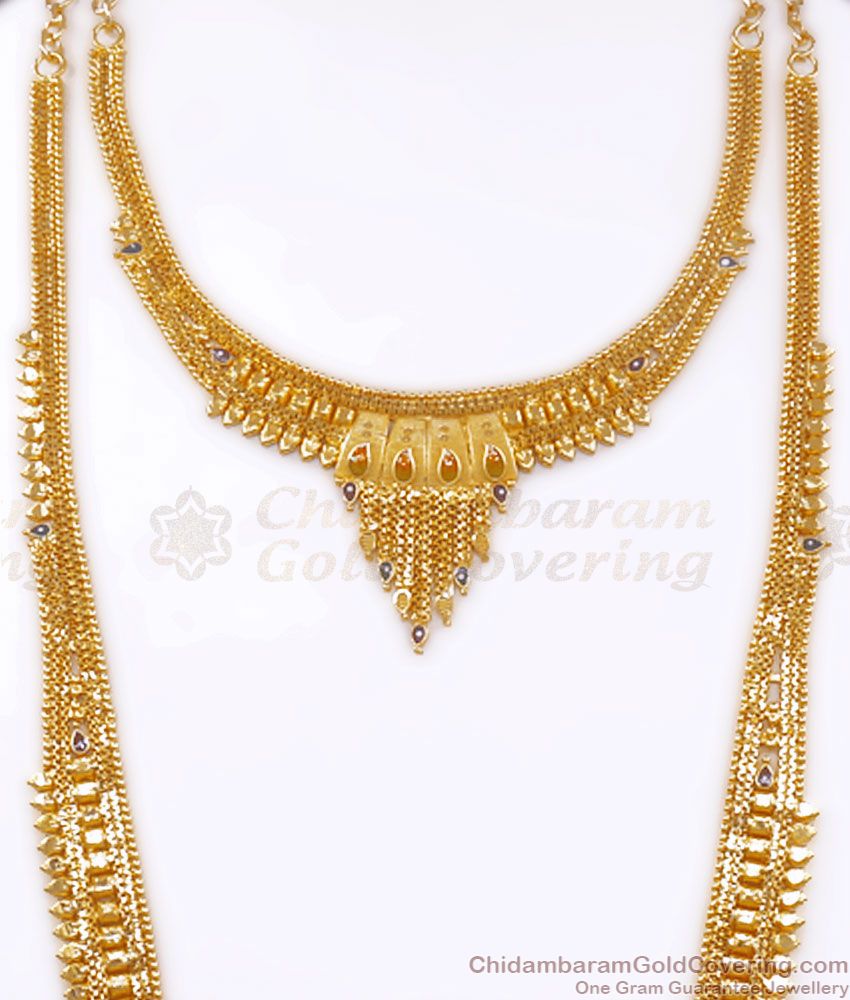 Two Gram Gold Kolkata Haram Necklace Bridal Combo Jewelry Set Shop Online HR2587