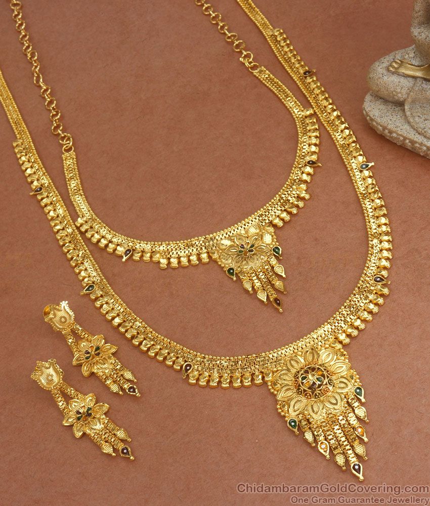 High Quality Forming Gold Haram Combo With Earrings Meenakari Bridal Collections HR2594