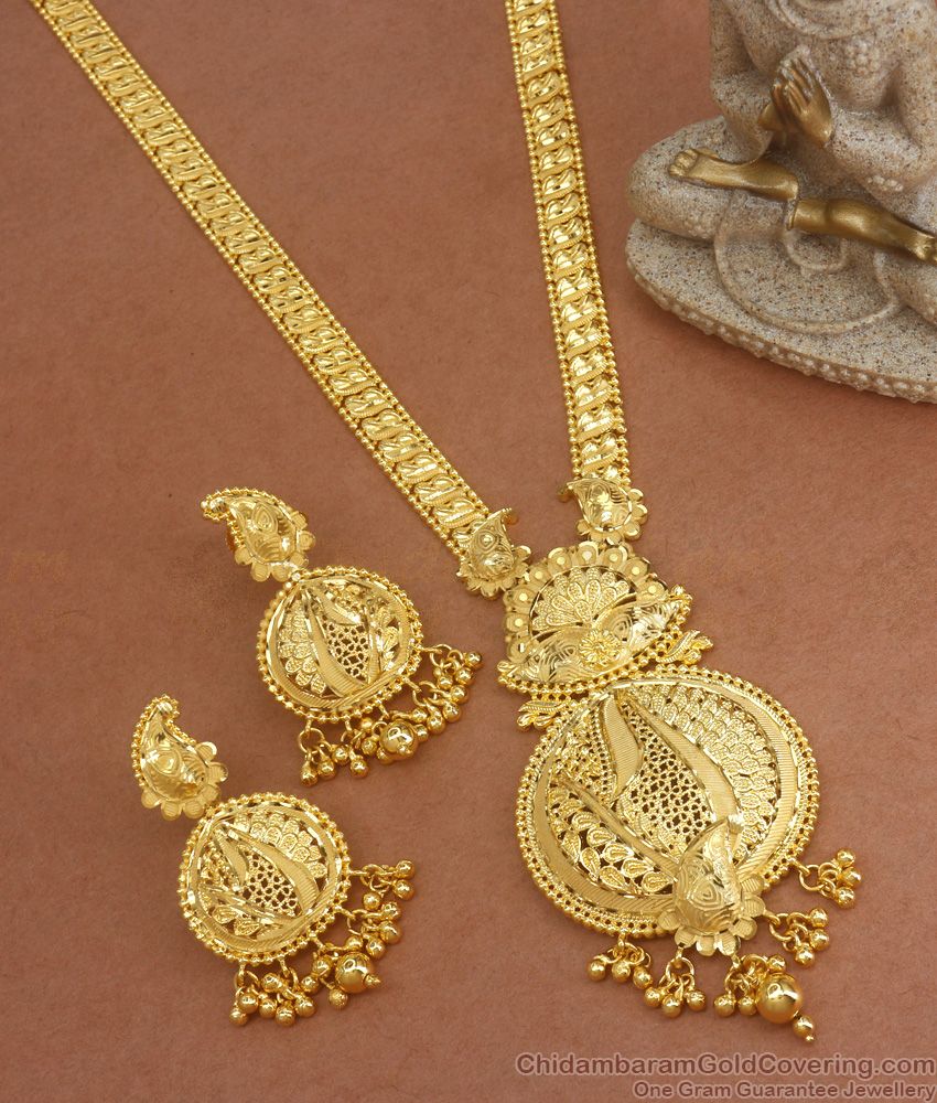 Grand Calcutta Design 2 Gram Gold Long Haram Earring Bridal Combo Set Shop Online HR2602