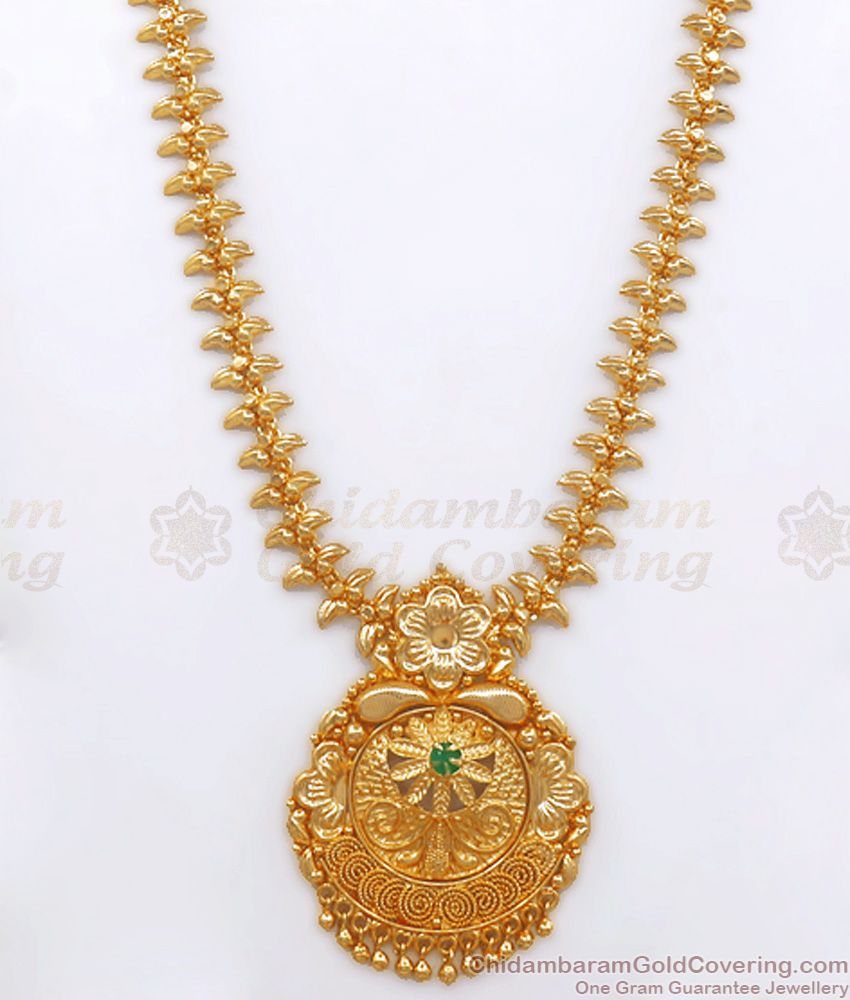 Elegant One Gram Gold Kerala Haram Bridal Collections With Emerald Stone HR2618