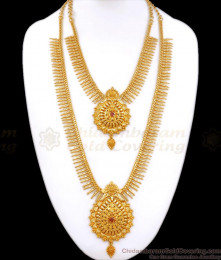 Gorgeous Mullai Design One Gram Gold Haram Necklace Ruby Stone Combo HR2649