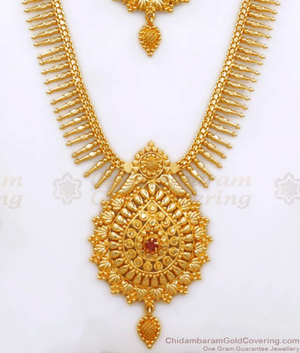 Gorgeous Mullai Design One Gram Gold Haram Necklace Ruby Stone