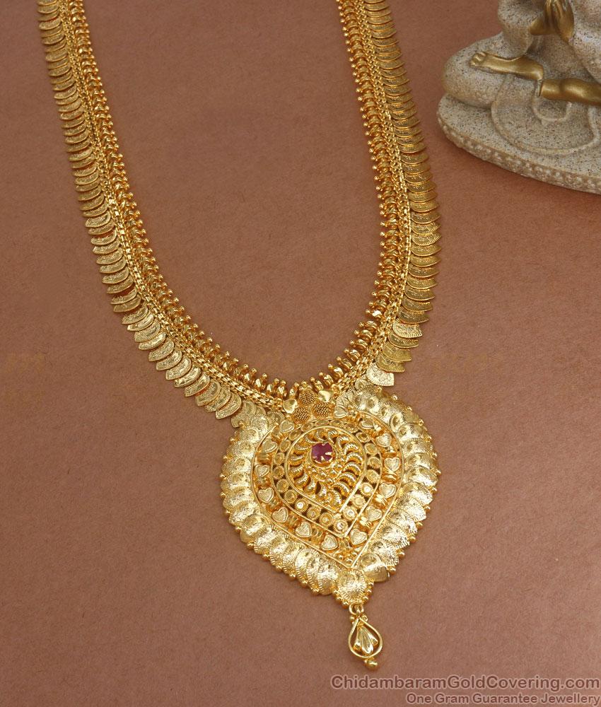 One Gram Gold Haaram Lakshmi Coin Ruby Stone Design Womens Bridal Collections HR2656