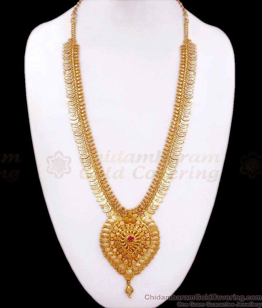 One Gram Gold Haaram Lakshmi Coin Ruby Stone Design Womens Bridal Collections HR2656