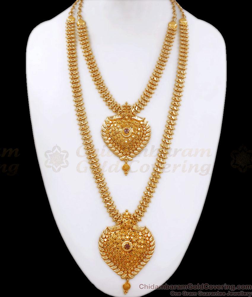 Heart Design Gold Covering Haram Necklace Combo Ruby Stone Pattern HR2659