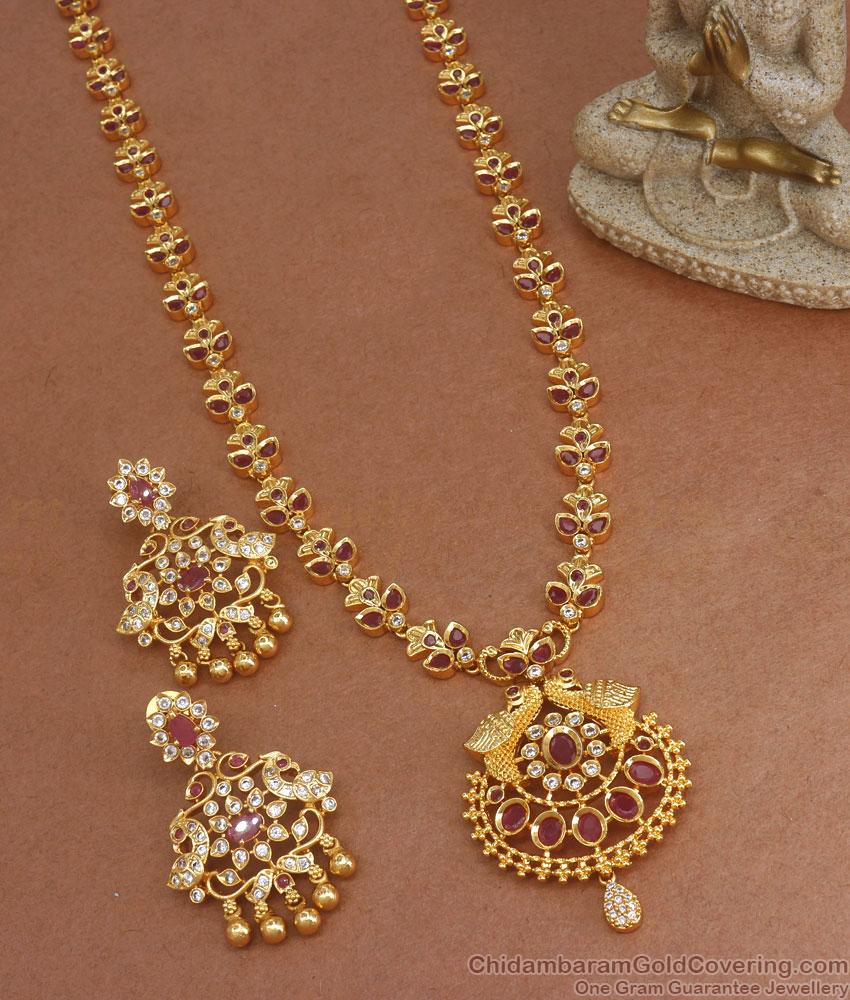 Attractive Peacock Design Gold Haaram Ruby White Stone Earring Combo HR2661