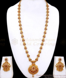 Attractive Peacock Design Gold Haaram Ruby White Stone Earring Combo HR2661 Attractive Peacock Design Gold Haaram Ruby White Stone Earring Combo HR2661