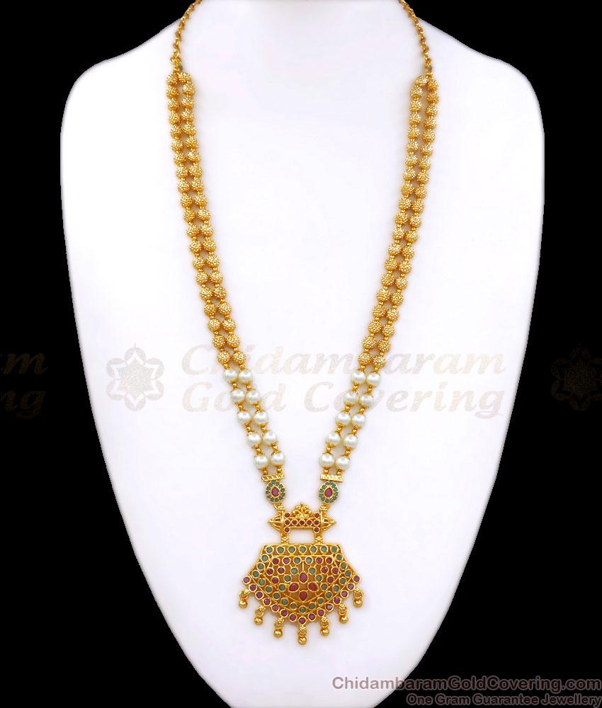 Unique White Pearls Gold Plated Haram Kemp Emerald Stone Designs HR2664