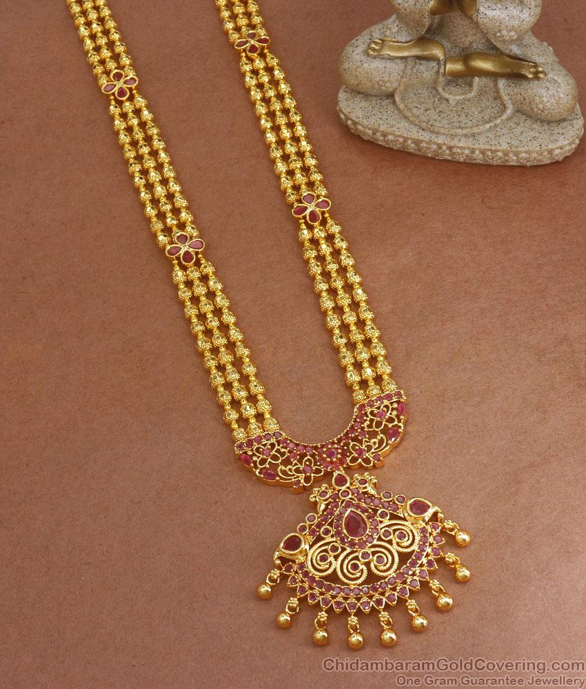 Grand Three Line 1 Gram Gold Haram Full Ruby Stone Floral Design Shop Online HR2665