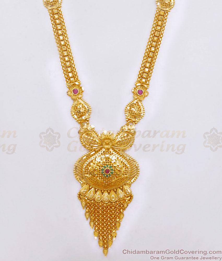 Bridal Two Gram Gold Haram Earring Combo Calcutta Pattern With Stones HR2670