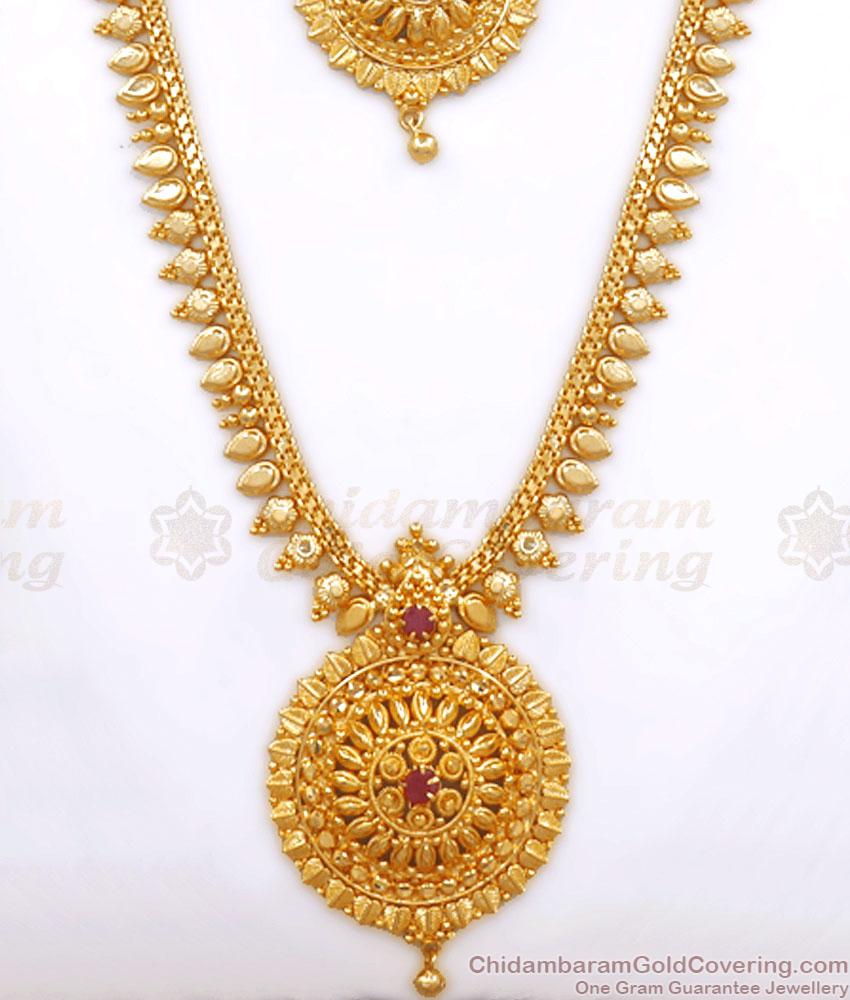Beautiful 1 Gram Gold Haram Necklace Combo Ruby Stone Leaf Pattern HR2677