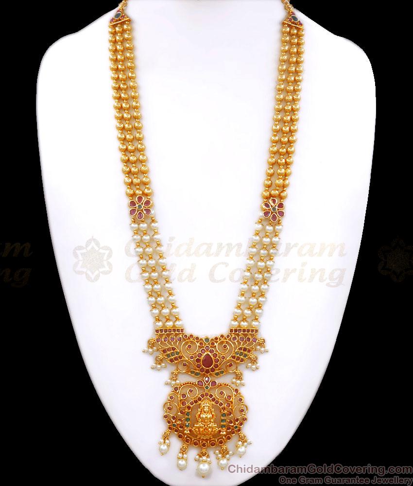 High Quality White Pearls 3 Line Gold Grand Haram Kemp Jewelry Collections Shop Online HR2684