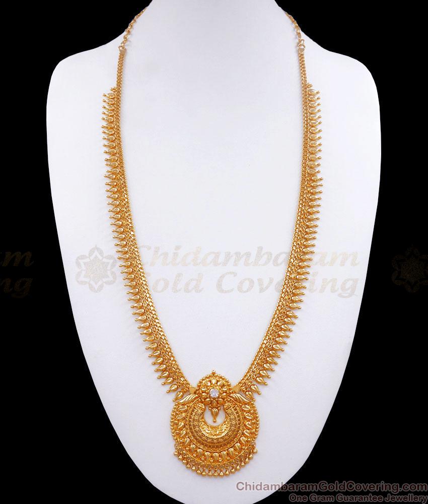 Kerala Pattern Mullaipoo 1 Gram Gold Haram White Stone Collections HR2740