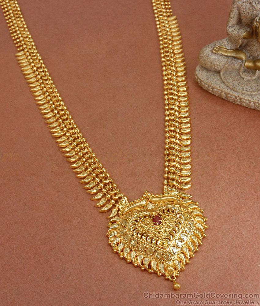 Heart Shaped Ruby Stone Gold Plated Haram Kerala Mullai Pattern Bridal Wear HR2787