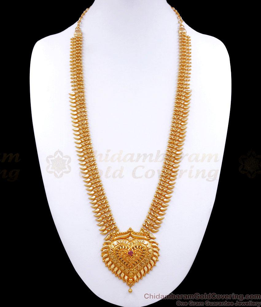 Heart Shaped Ruby Stone Gold Plated Haram Kerala Mullai Pattern Bridal Wear HR2787