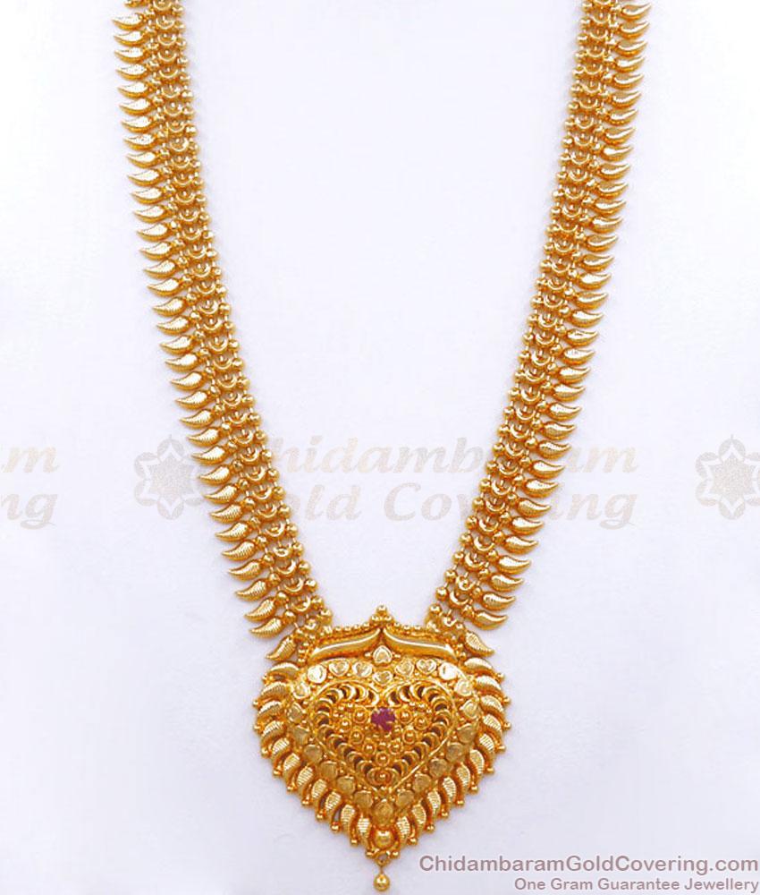 Heart Shaped Ruby Stone Gold Plated Haram Kerala Mullai Pattern Bridal Wear HR2787
