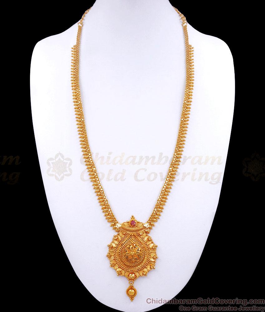 Pure Gold Plated Bridal Haram Single Ruby Stone Golden Beads Designs HR2789