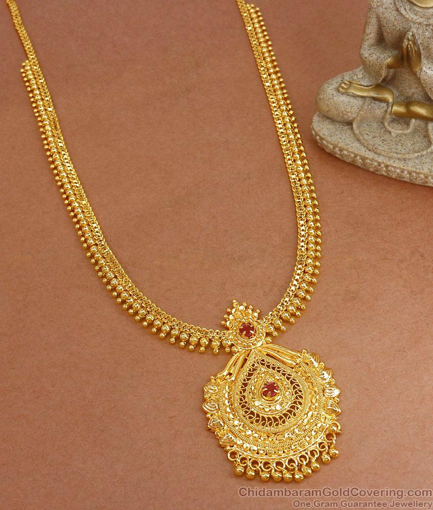 Traditional 1 Gram Gold Haram Ruby Stone Hanging Beads Design Bridal Wear HR2791