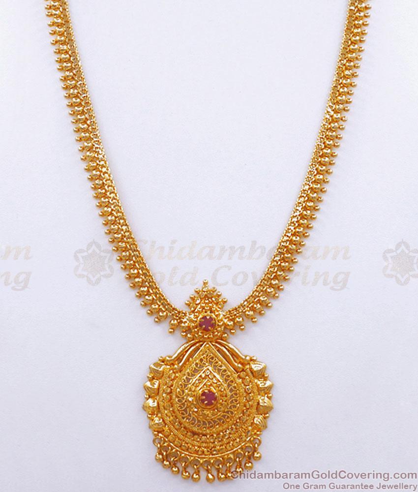 Traditional 1 Gram Gold Haram Ruby Stone Hanging Beads Design Bridal Wear HR2791