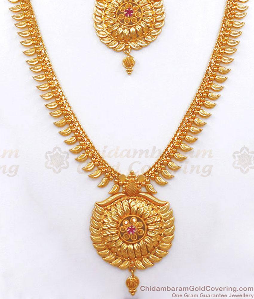 Pure 1 Gram Gold Haram Necklace Leaf Pattern Combo Ruby Stone Bridal Set HR2797