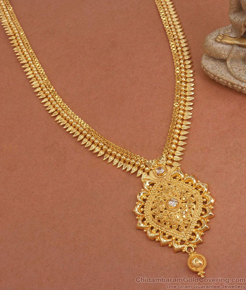 Long 1 Gram Gold Haram Kerala Mullai Pattern White Stone Designs HR2855