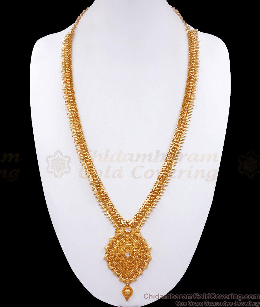 Long 1 Gram Gold Haram Kerala Mullai Pattern White Stone Designs HR2855