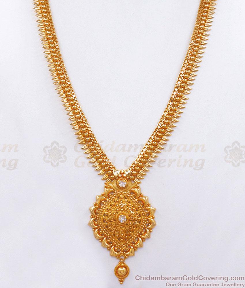 Long 1 Gram Gold Haram Kerala Mullai Pattern White Stone Designs HR2855