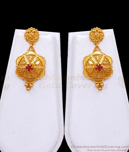 One Gram Gold Haram Earring Combo Ruby Stone Flower Design HR2956