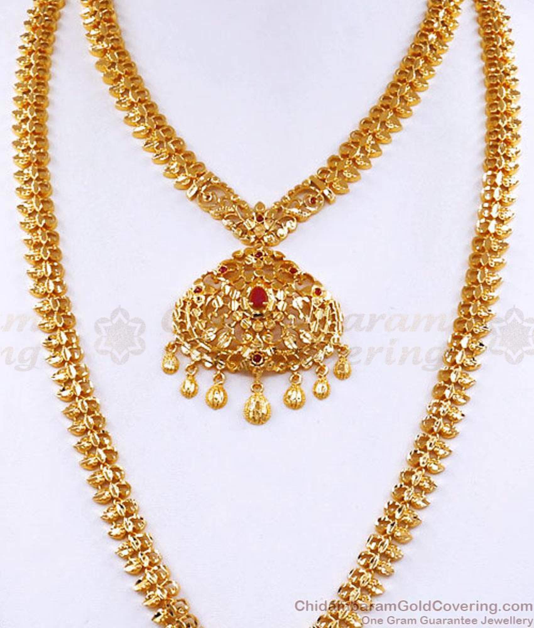 Full Wedding Set One Gram Gold Long Necklace Earring Combo HR2999 Full Wedding Set One Gram Gold Long Necklace Earring Combo HR2999