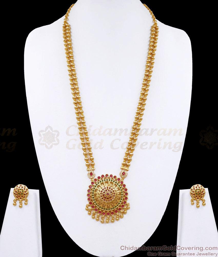 Latest Multi Line Gold Beaded Long Haram Multi Stone Round Pendant Design HR3176