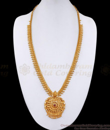 Pure Gold Tone Long Mango Haram With Single Ruby Stone HR3214 Pure Gold Tone Long Mango Haram With Single Ruby Stone HR3214