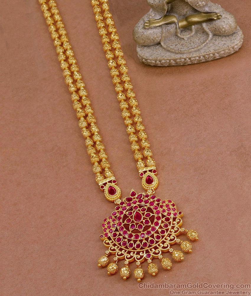 Traditional Gold Plated Ruby Stone Rani Haaram Earring Set HR3225 Traditional Gold Plated Ruby Stone Rani Haaram Earring Set HR3225