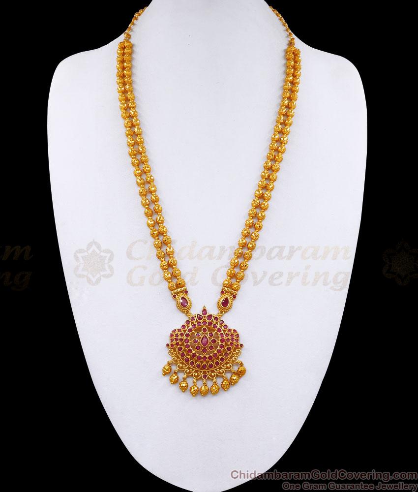 Traditional Gold Plated Ruby Stone Rani Haaram Earring Set HR3225 Traditional Gold Plated Ruby Stone Rani Haaram Earring Set HR3225