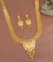 Premium Gold Tone Calcutta Pattern Long Haram With Earring HR3237