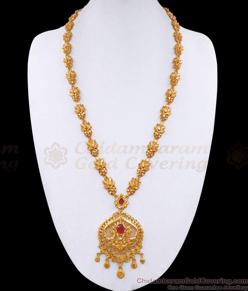 Latest Bridal Wear Pure Gold Tone Long Haram Ruby Stone Design Online HR3374 Latest Bridal Wear Pure Gold Tone Long Haram Ruby Stone Design Online HR3374
