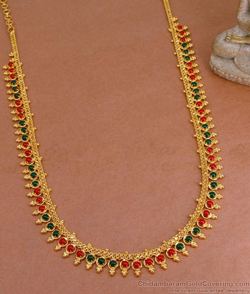 Latest Mullai Gold Plated Haram Red Green Coral Stone Design HR3376 Latest Mullai Gold Plated Haram Red Green Coral Stone Design HR3376