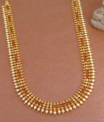 Beautiful Ruby White Stone Mullai Poo Pearl Haram Design Online HR3381