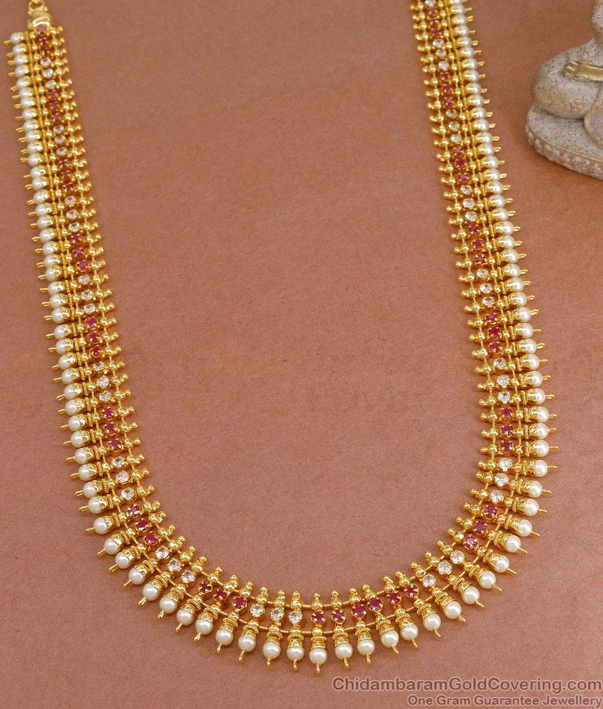 Beautiful Ruby White Stone Mullai Poo Pearl Haram Design Online HR3381 Beautiful Ruby White Stone Mullai Poo Pearl Haram Design Online HR3381