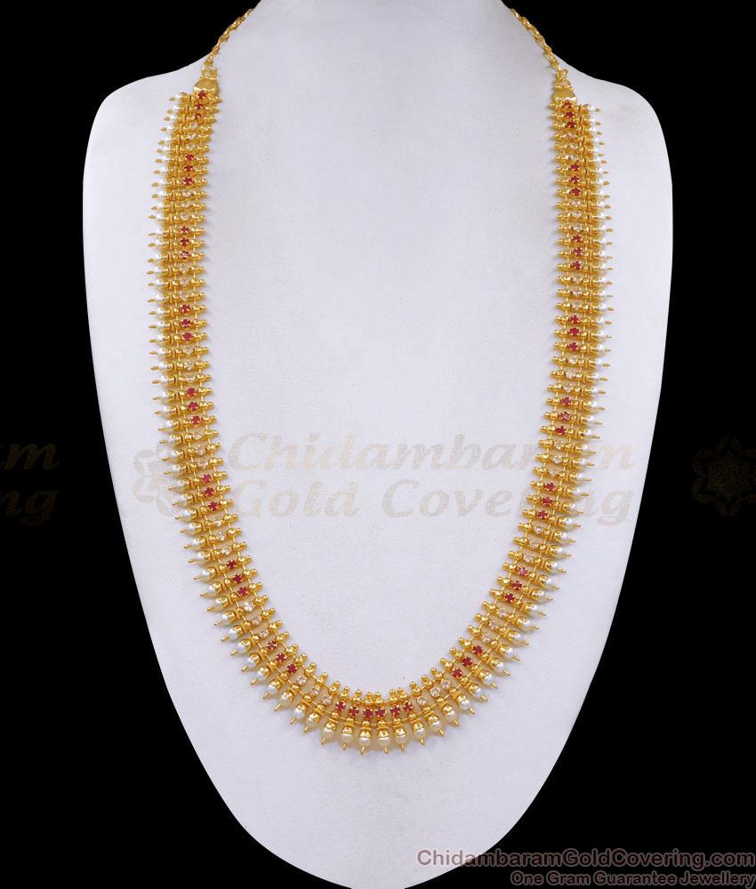Beautiful Ruby White Stone Mullai Poo Pearl Haram Design Online HR3381 Beautiful Ruby White Stone Mullai Poo Pearl Haram Design Online HR3381