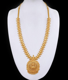 South Indian Bridal Gold Imitation Haram Lakshmi Motif Leaf Design HR3396