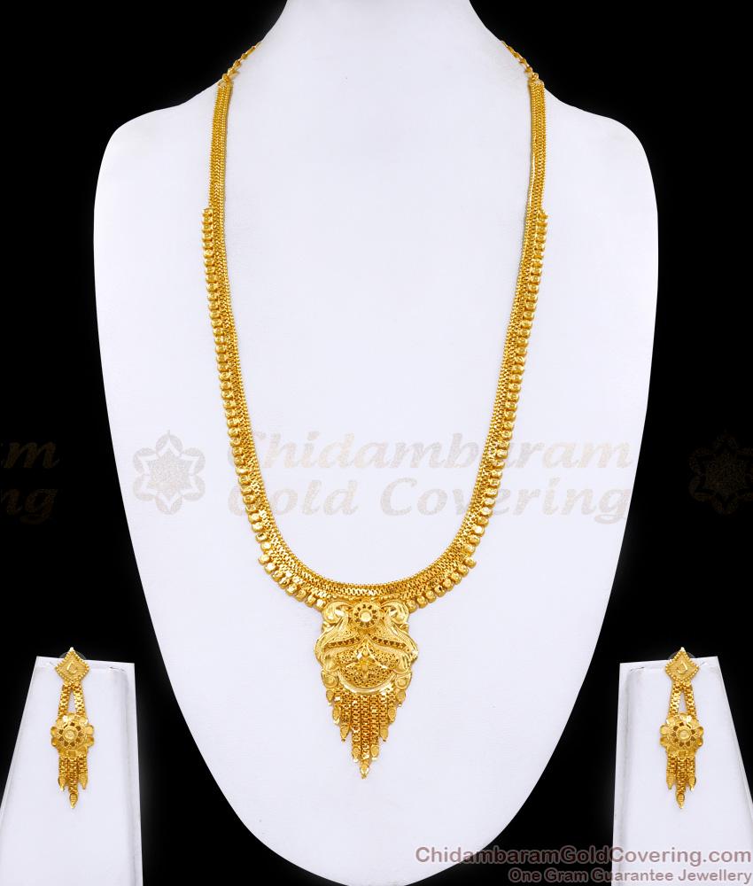 Real Gold Look Long Haram Design With Earring For Brides HR3410