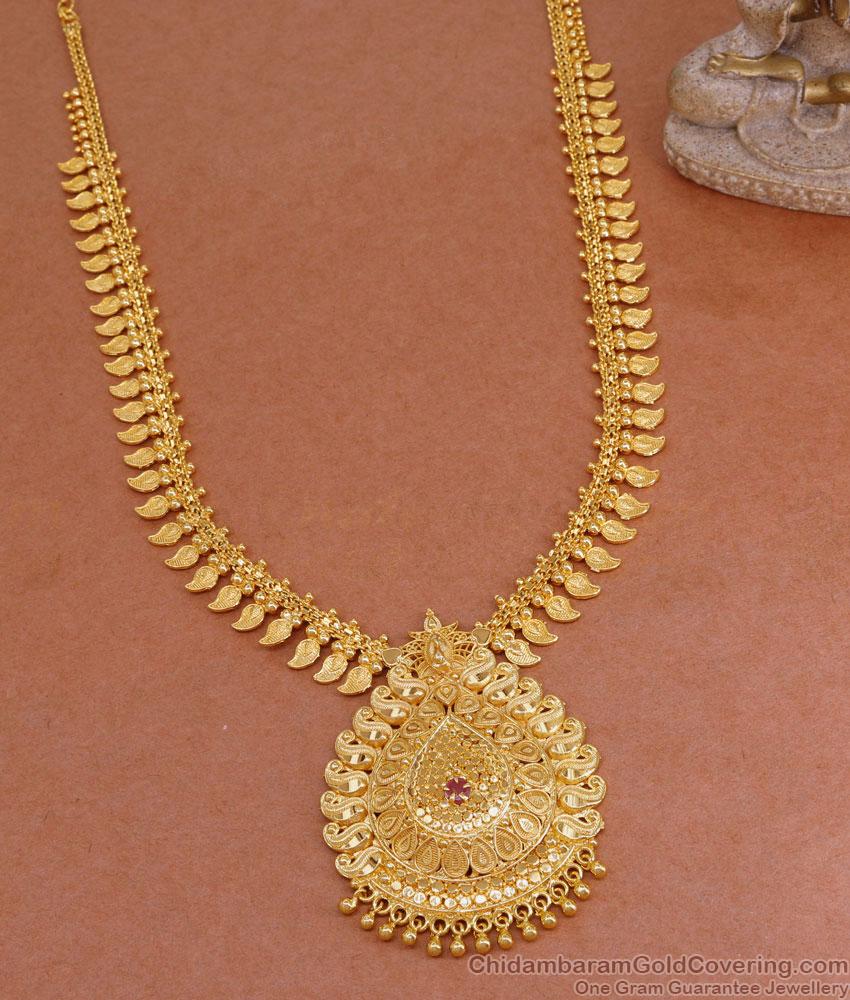Pure Gold Tone Mango Ruby Stone Long Haram Design For Women Marriage HR3423 Pure Gold Tone Mango Ruby Stone Long Haram Design For Women Marriage HR3423